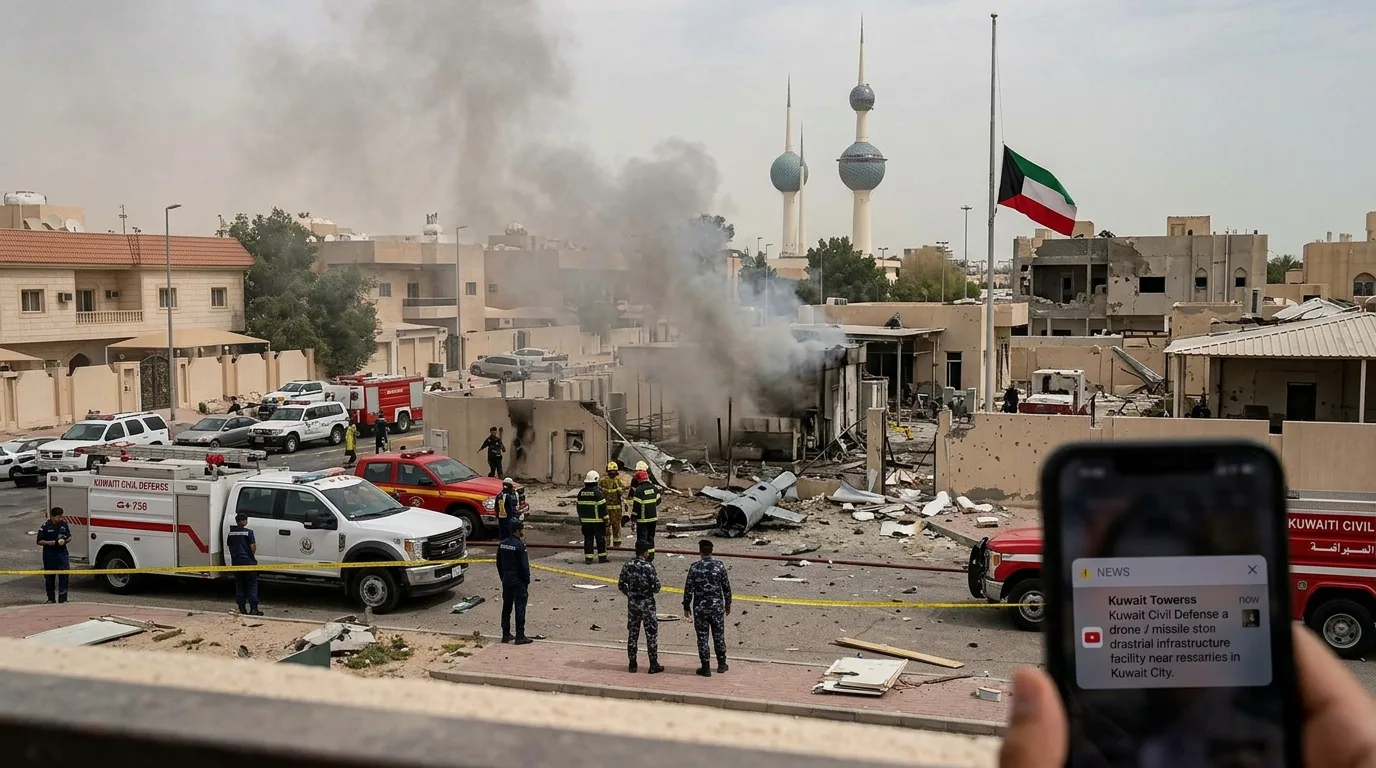 Kuwaiti air defence systems intercepting hostile missiles and drones over Kuwait City skyline with explosion mid-air, June 2026 military defense operation