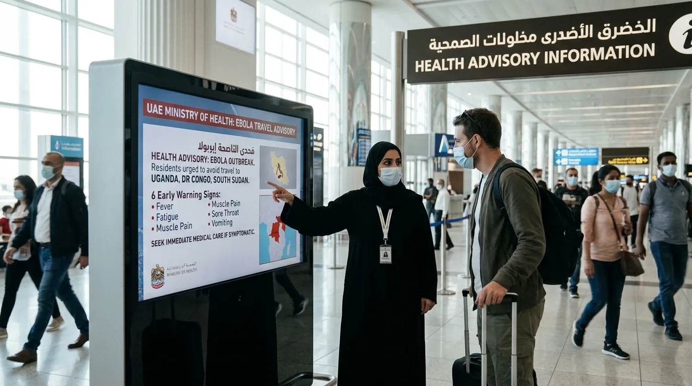 UAE Ministry of Health Ebola warning poster with travel advisory for Uganda, DR Congo and South Sudan showing African map and health safety symbols