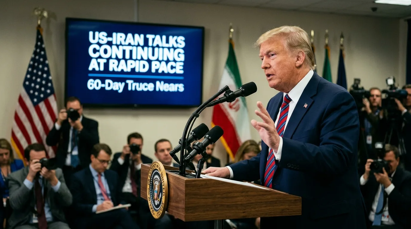 President Donald Trump speaking at White House press briefing about US-Iran negotiations, standing at podium with American flag backdrop, June 2026