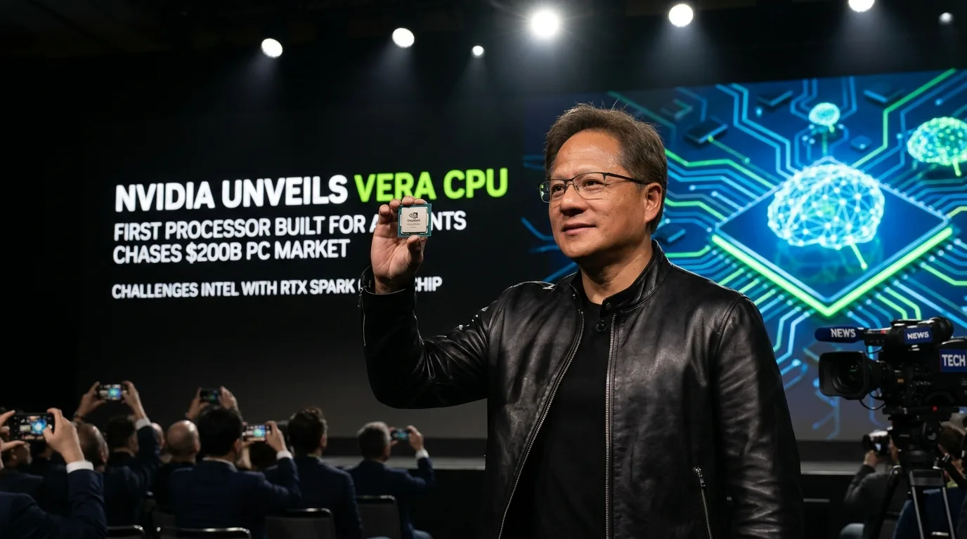 NVIDIA CEO Jensen Huang presenting Vera CPU for AI agents at GTC Taipei 2026 conference holding chip sample with RTX Spark chip display backdrop | credit:AI Generated Image