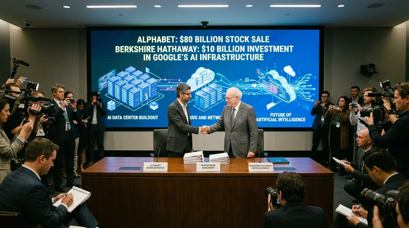 Google Alphabet headquarters campus in Mountain View California with Google logo and financial stock charts showing $80 billion equity raise