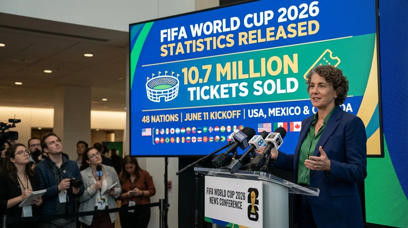 FIFA 2026 World Cup official logo displayed on stadium with USA, Mexico and Canada flags showing 48-team tournament 10.7 million tickets sold
