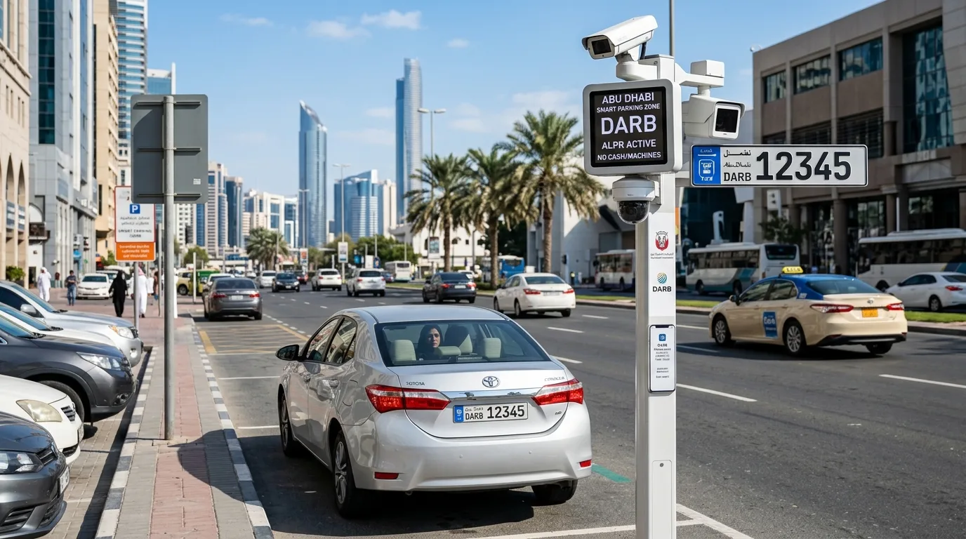 Abu Dhabi AI-powered smart parking system showing license plate recognition camera at entrance with Darb wallet app payment interface on smartphone screen