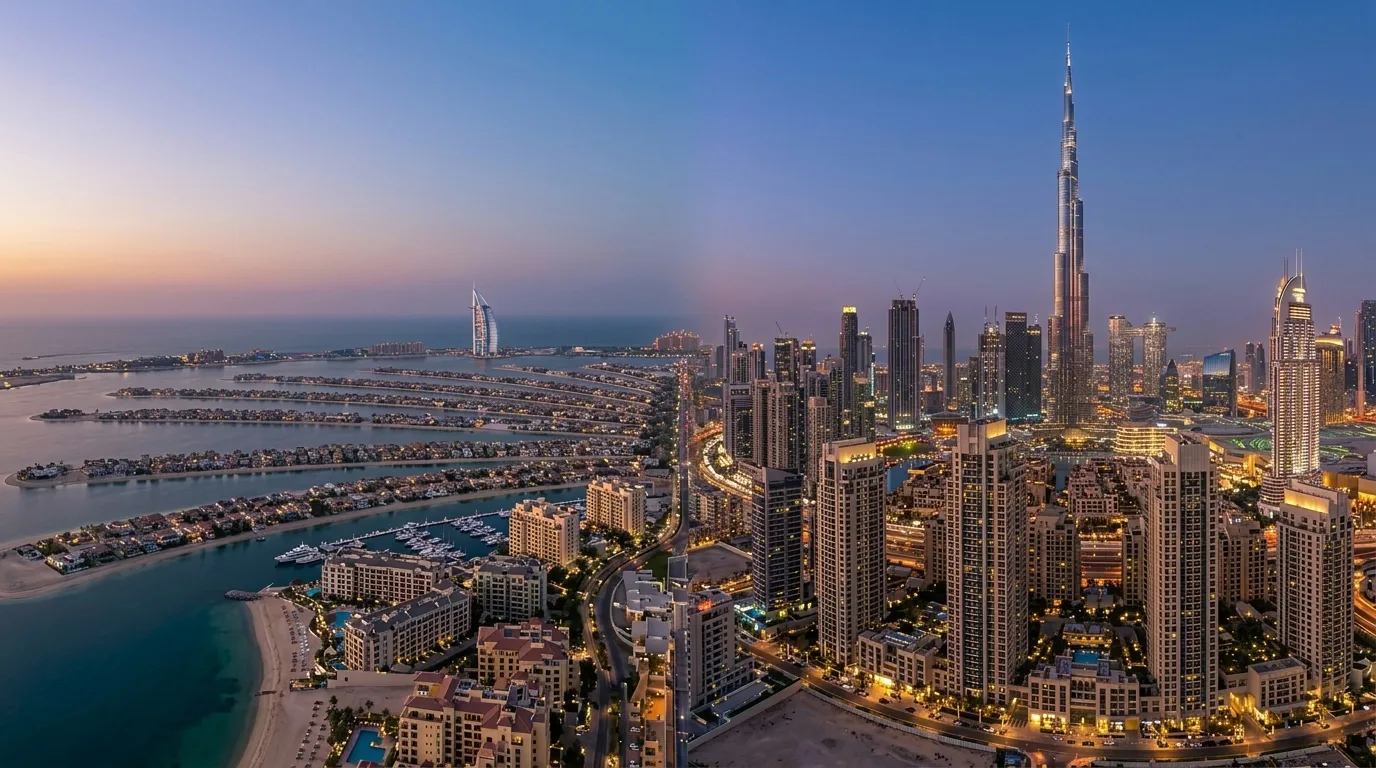 Dubai skyline aerial view showing Palm Jumeirah and Downtown Dubai with condominium buildings and Dubai Fountain displaying Q1 2026 AED 137.3 billion sales data overlay