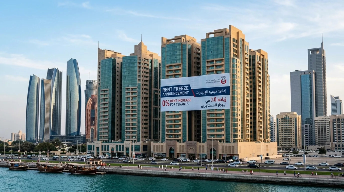 Abu Dhabi skyline with residential apartment buildings showing rent freeze announcement banner displaying 0 percent rent increase for tenants