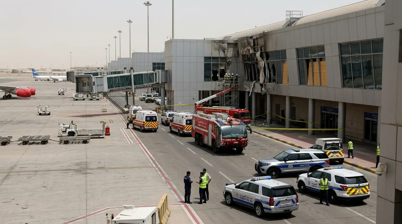 Kuwait International Airport terminal with emergency response vehicles and damaged areas after Iranian drone attack suspended commercial flights June 2026