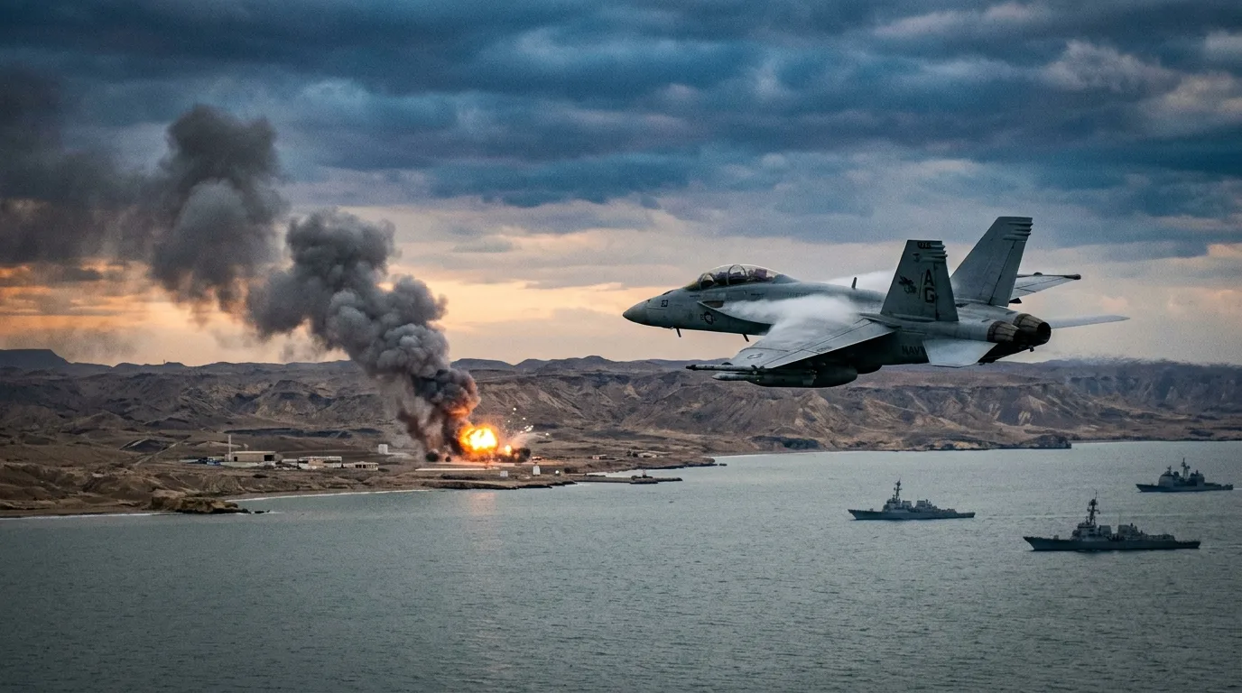 US military aircraft launching strikes on Iran Qeshm Island with explosion visible in background during US-Iran conflict escalation June 2026