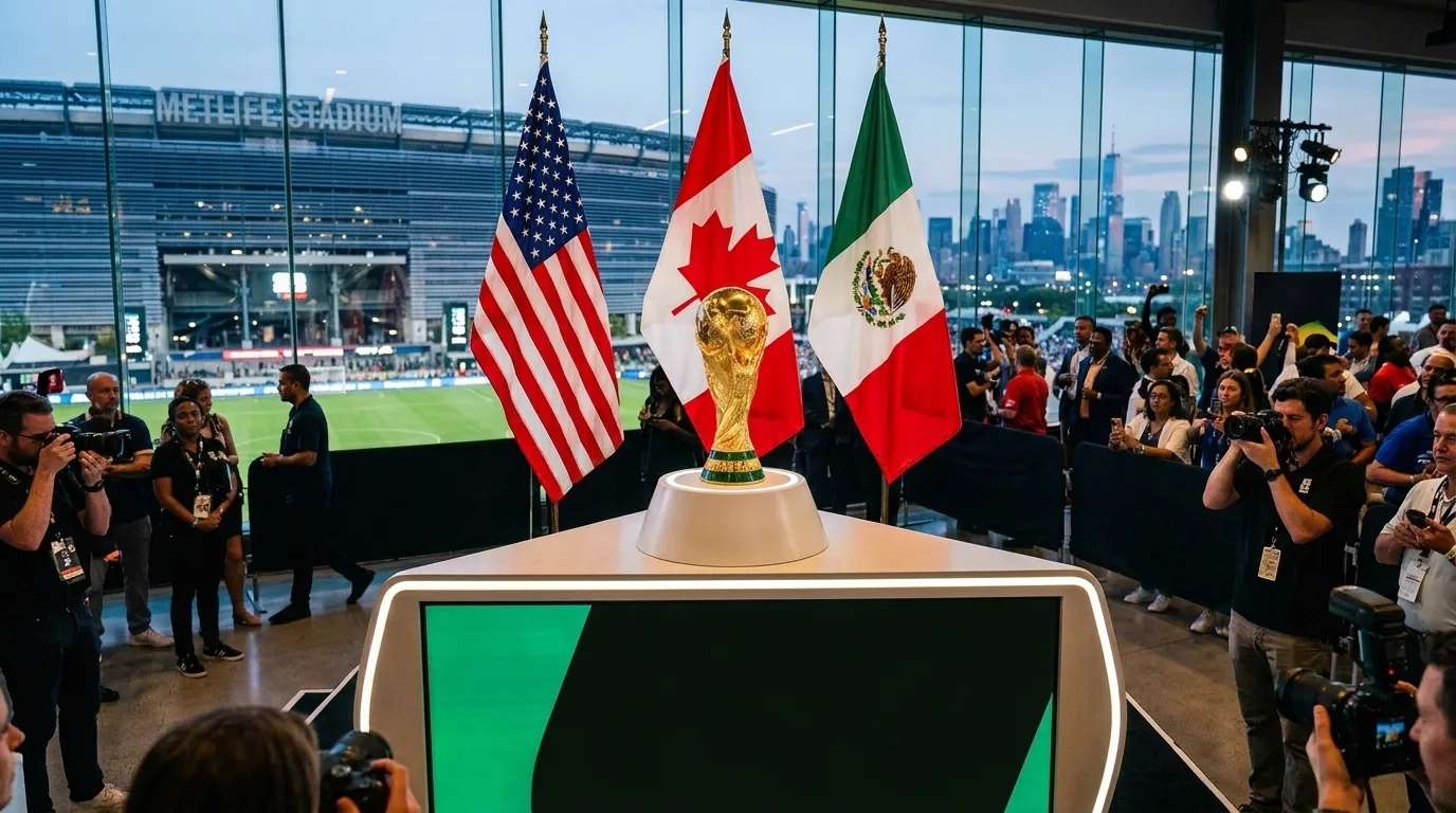 FIFA World Cup 2026 trophy displayed with USA, Mexico and Canada flags showing one year countdown to June 11 kickoff