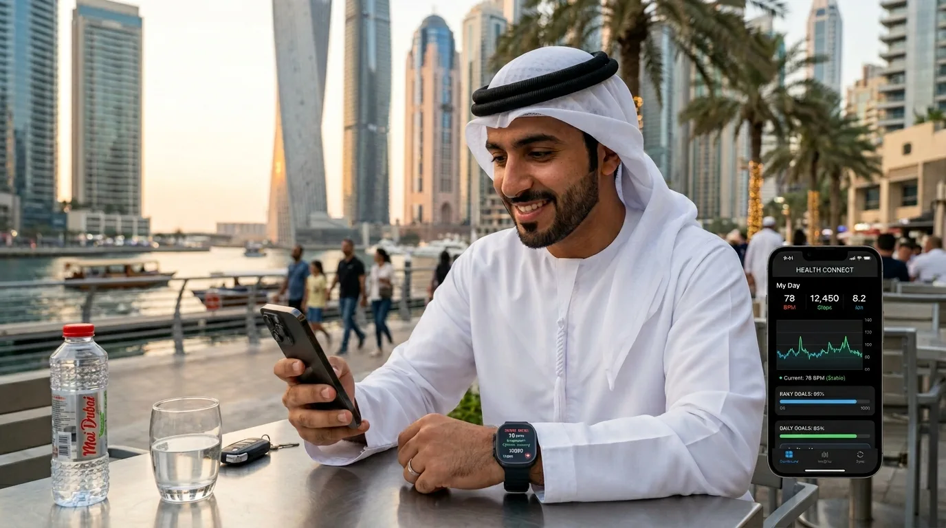 UAE resident wearing AI-powered smartwatch monitoring heart rate and fitness metrics with smartphone displaying wearable health data interface