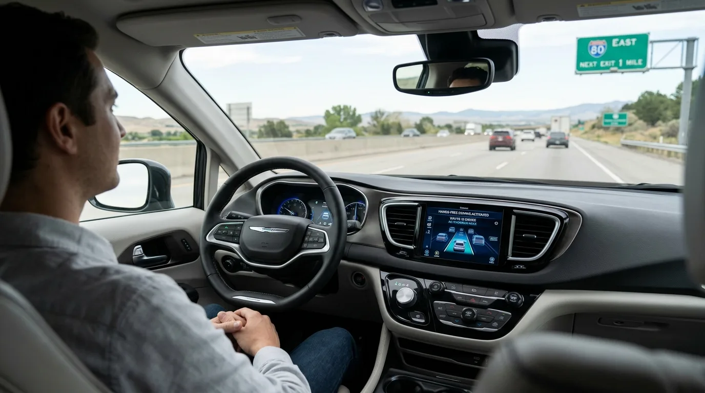 Stellantis vehicle with Wayve AI Driver software interface showing hands-free driving mode activated on North American highway with dashboard display