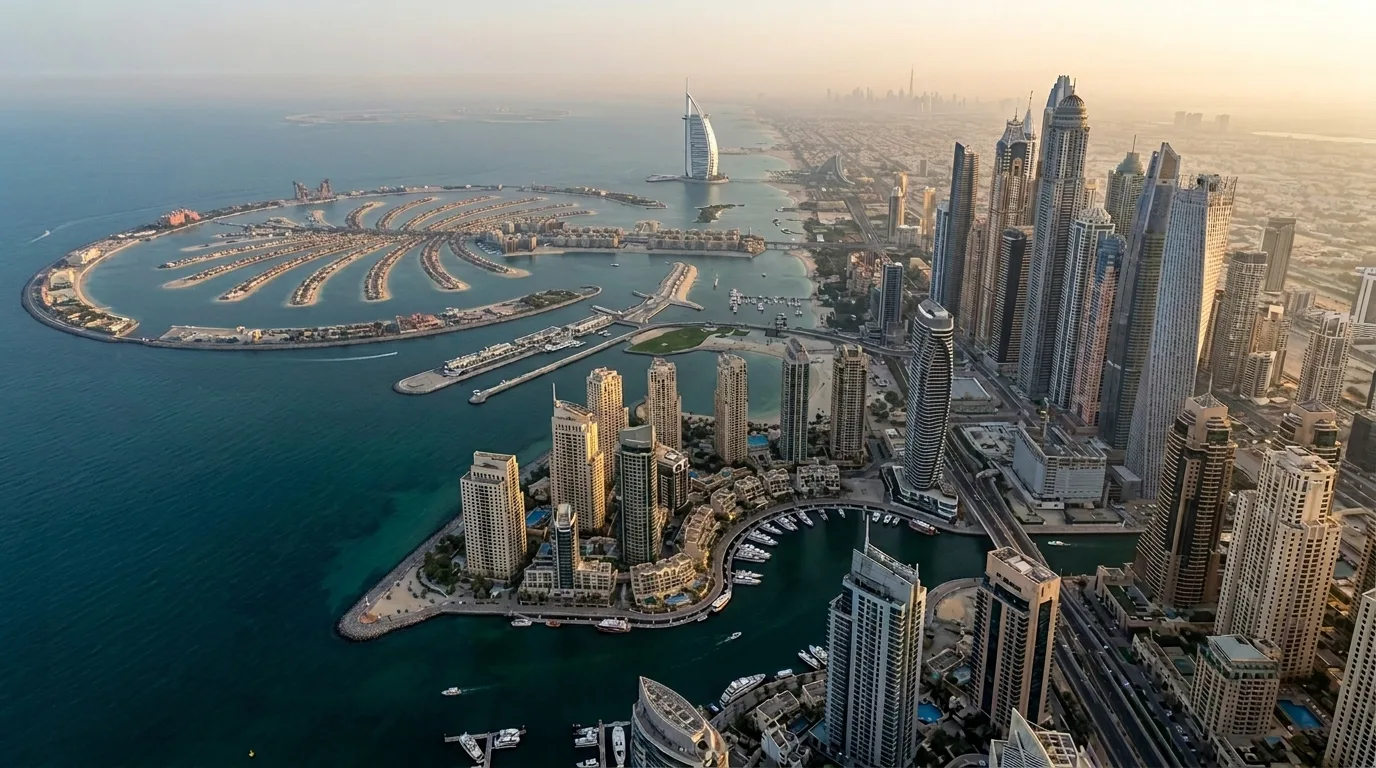 Dubai skyline aerial view showing luxury condominium towers and Palm Jumeirah with Q1 2026 AED 177.6 billion property sales statistic overlay