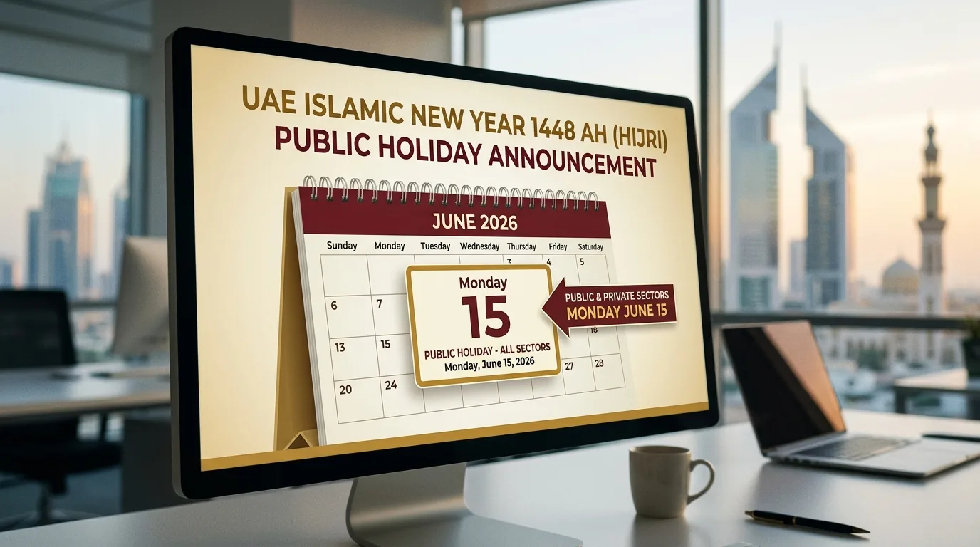UAE Islamic New Year holiday announcement graphic with calendar showing Monday June 15 2026 public holiday for public and private sectors