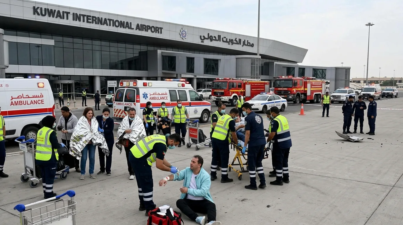 Kuwait International Airport terminal with emergency response vehicles after Iranian drone attack showing injured passengers receiving medical treatment
