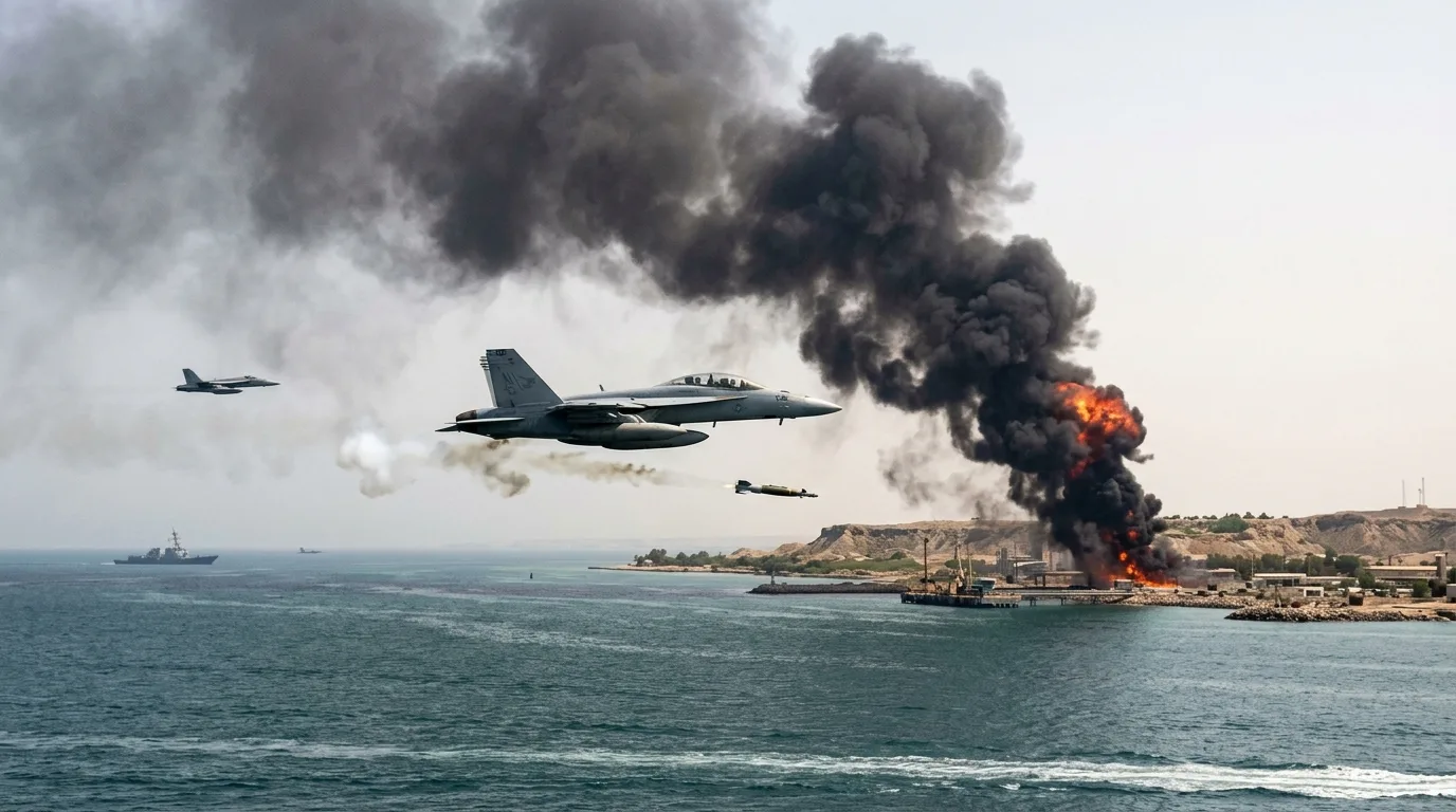 US military aircraft launching strikes on Iran Qeshm Island with explosion visible in background during US-Iran conflict escalation June 2026