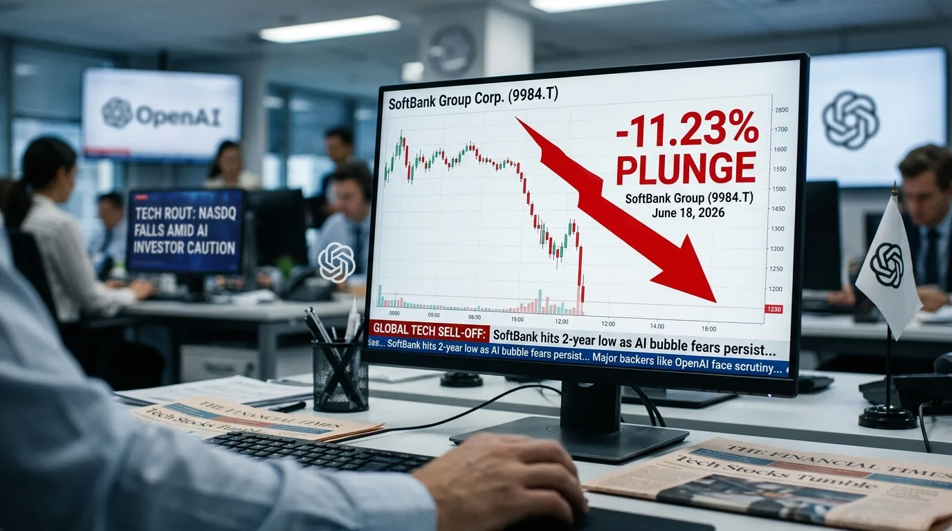 SoftBank Group stock chart showing 11% plunge with red declining arrow and OpenAI logo in background during tech sell-off June 2026