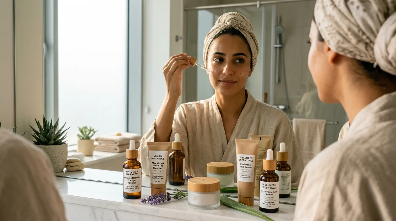 UAE resident woman applying clean beauty skincare products with natural ingredient-conscious beauty products displayed on bathroom counter showing non-toxic wellness trend