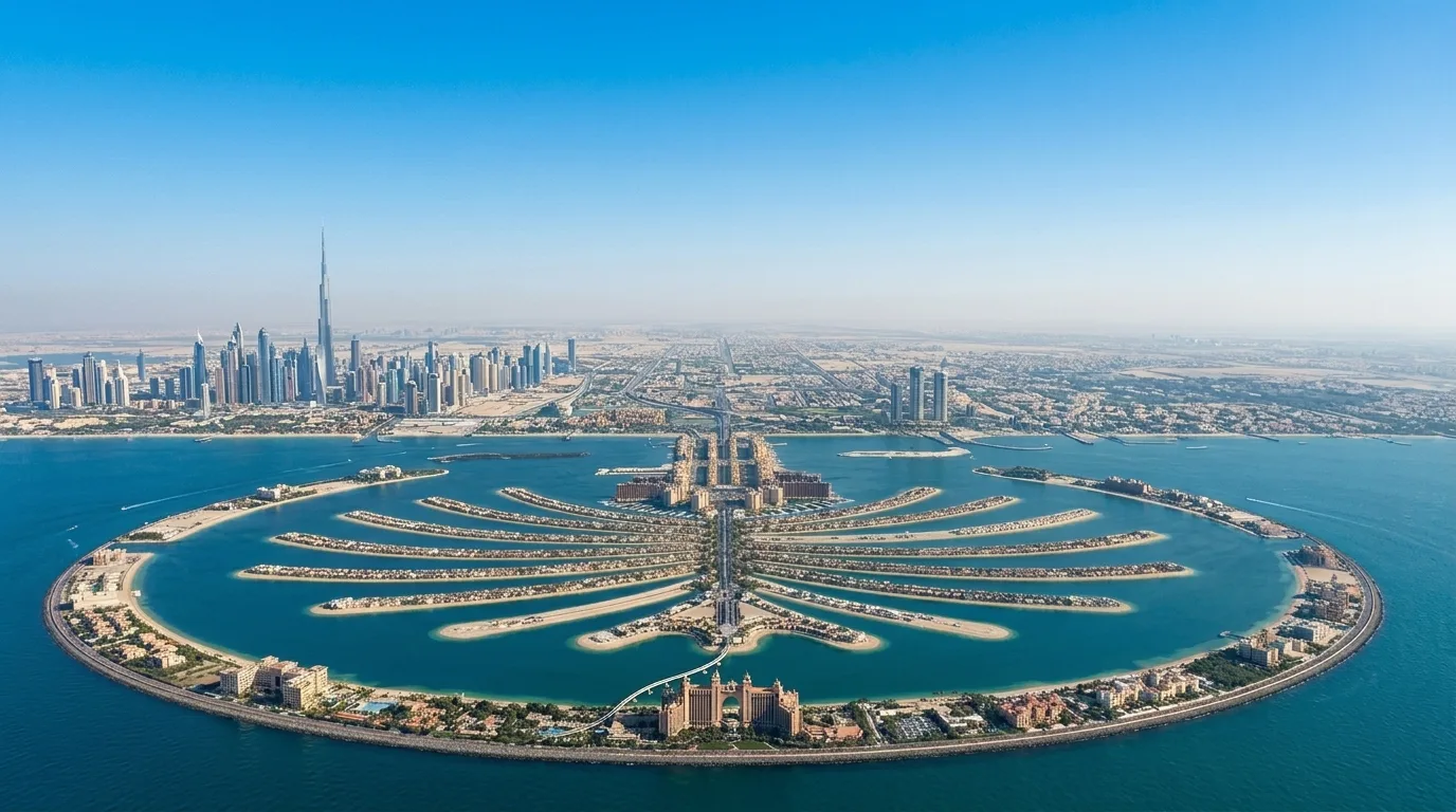 Dubai skyline aerial view showing Palm Jumeirah and Downtown Dubai condominium buildings with AED 21 billion property sales chart overlay for May 2026