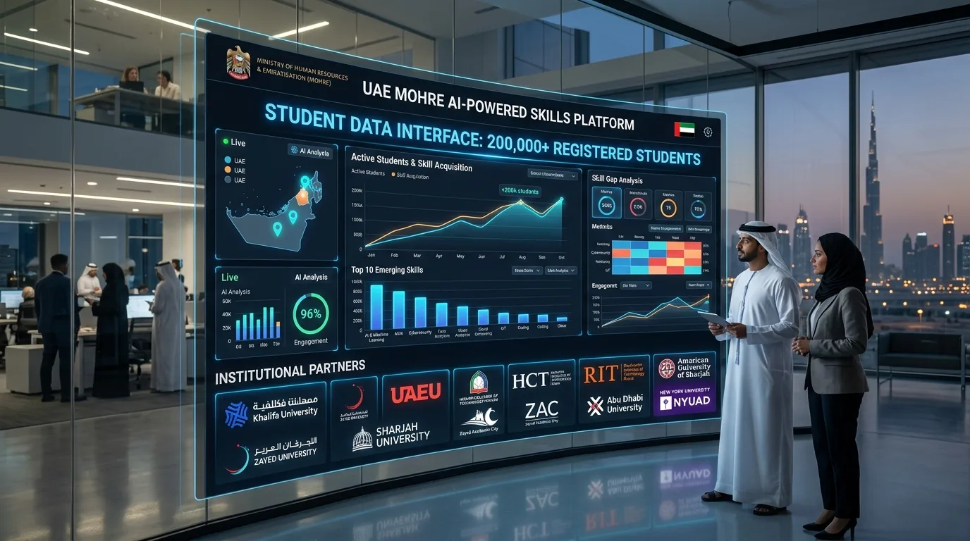 UAE Ministry of Human Resources AI-powered Skills Platform dashboard showing 200000 students data interface with futuristic skills development graphics and educational institution logos