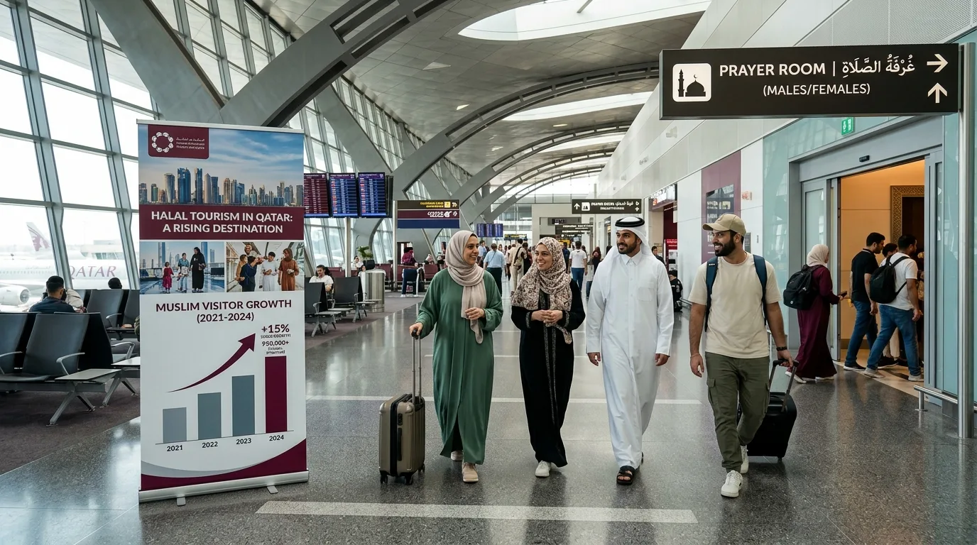 Muslim travelers at Qatar International Airport terminal with prayer facilities visible and halal tourism banner showing 15 percent surge growth chart
