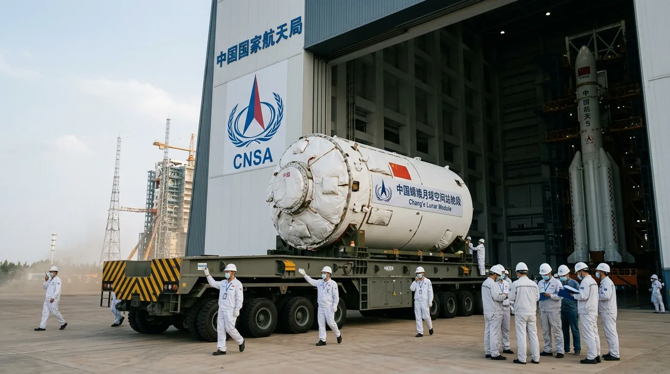 China Chang'e lunar space station module being delivered to launch facility with rocket assembly team visible and China National Aerospace logo on facility building