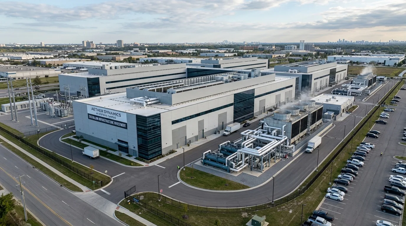 Switch data center facility exterior with massive server buildings and cooling infrastructure showing AI infrastructure investment valued at $50 billion