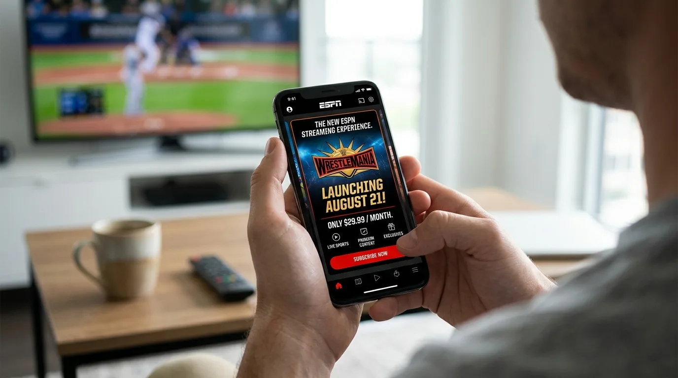 ESPN streaming service promotional graphic showing launch date August 21, WWE WrestleMania logo, $29.99 monthly price, enhanced ESPN App interface on smartphone screen
