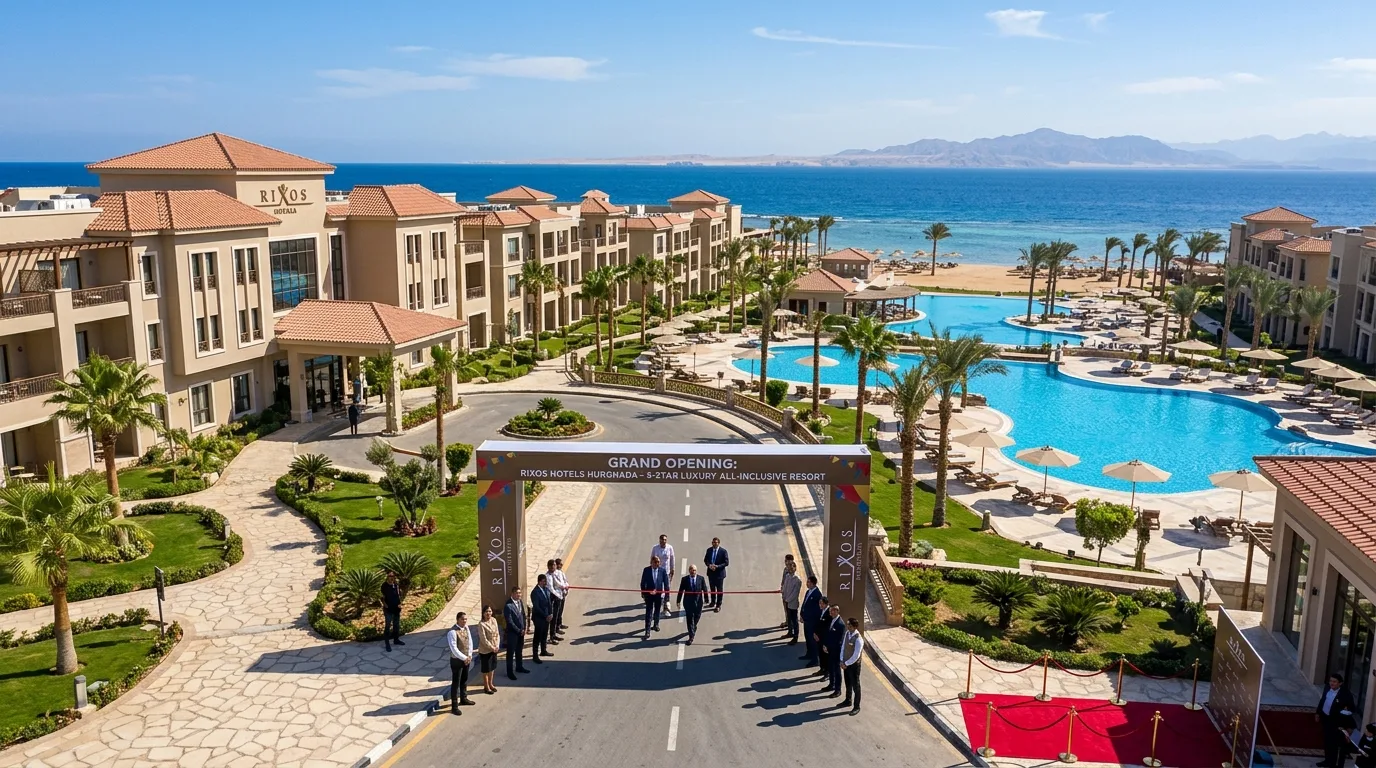 Rixos Hotels Hurghada resort exterior showing 5-star luxury property with private beach, Red Sea coastline, resort buildings, swimming pools and palm trees at opening announcement