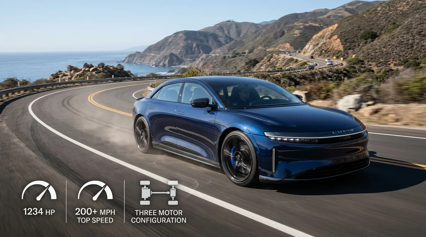 Lucid Air Sapphire electric sedan in midnight blue metallic showing three motor configuration, 1234 horsepower, 200 mph top speed capabilities on performance driving road