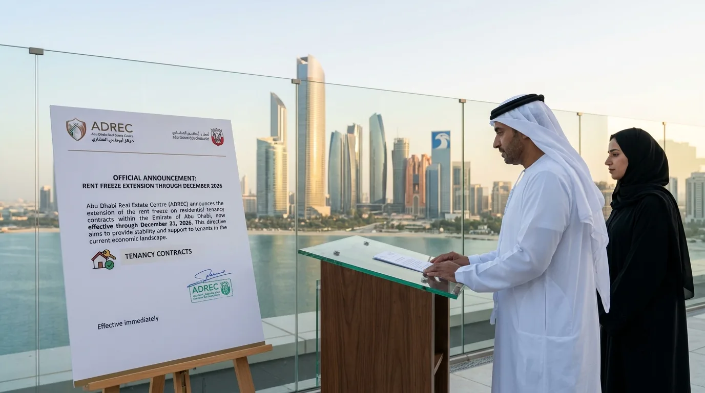 Abu Dhabi Real Estate Centre ADREC official announcement document showing rent freeze extended through December 2026 with Abu Dhabi skyline background and tenancy contract symbol