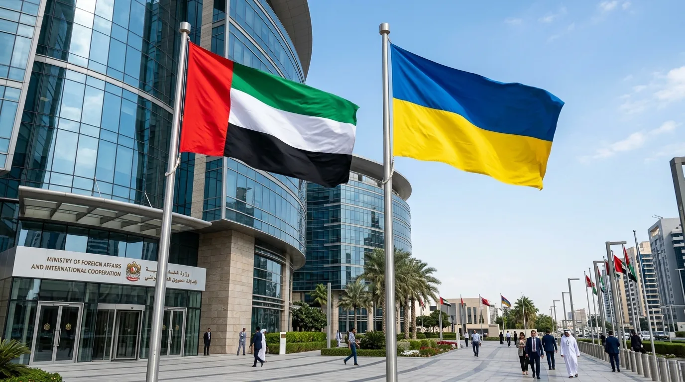 The UAE and Ukrainian national flags stand side by side against a bright backdrop to mark the new trade agreement.