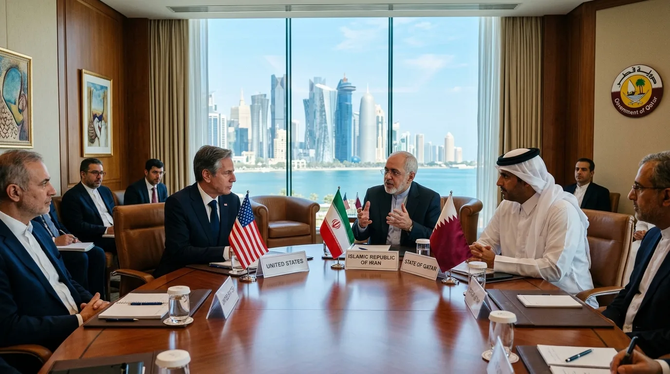 Delegates from the United States and Iran sit at a long wooden table during formal mediation talks in Doha, Qatar.