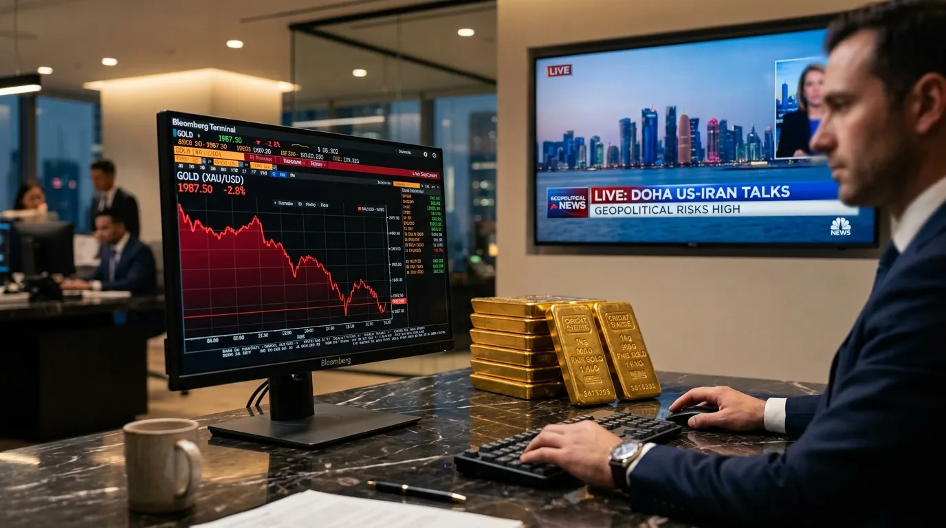 Glistening gold bars stacked in rows reflect dim light, representing the commodity's recent market fluctuations.