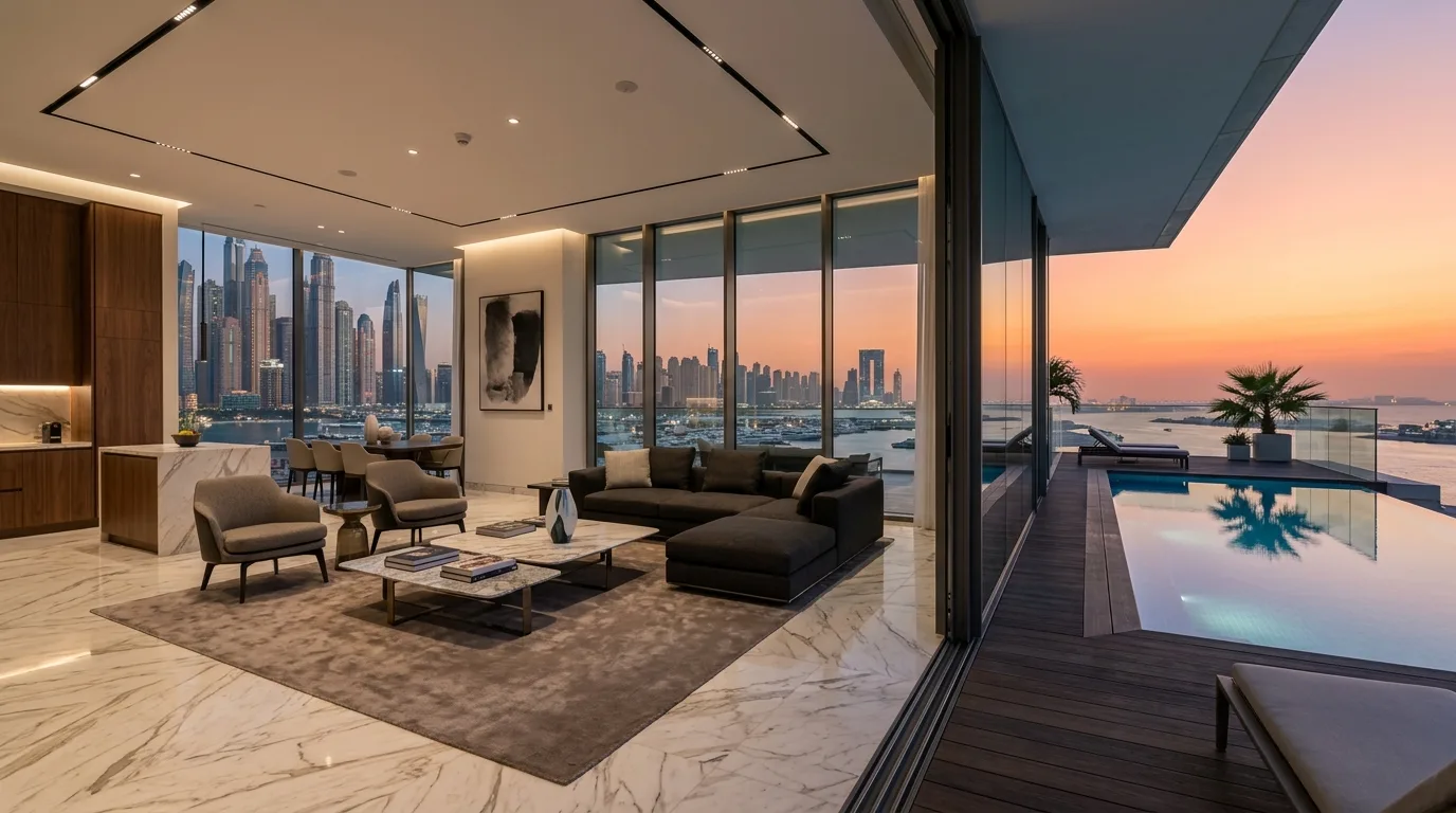 A futuristic glass skyscraper curves toward the sky amidst the dense urban skyline of downtown Dubai.