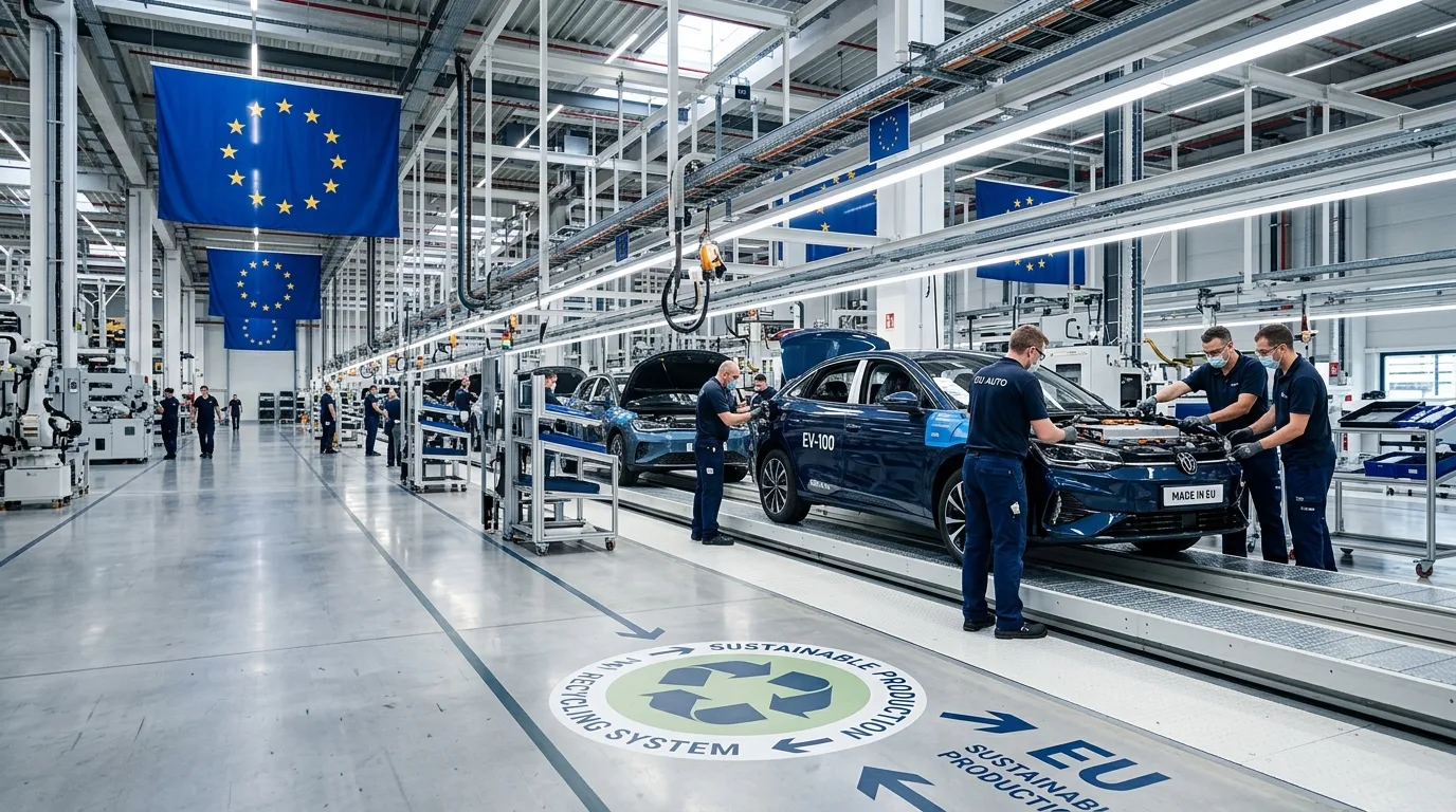 A close-up view shows a recycling icon glowing on a metallic car body amid a modern vehicle production line.