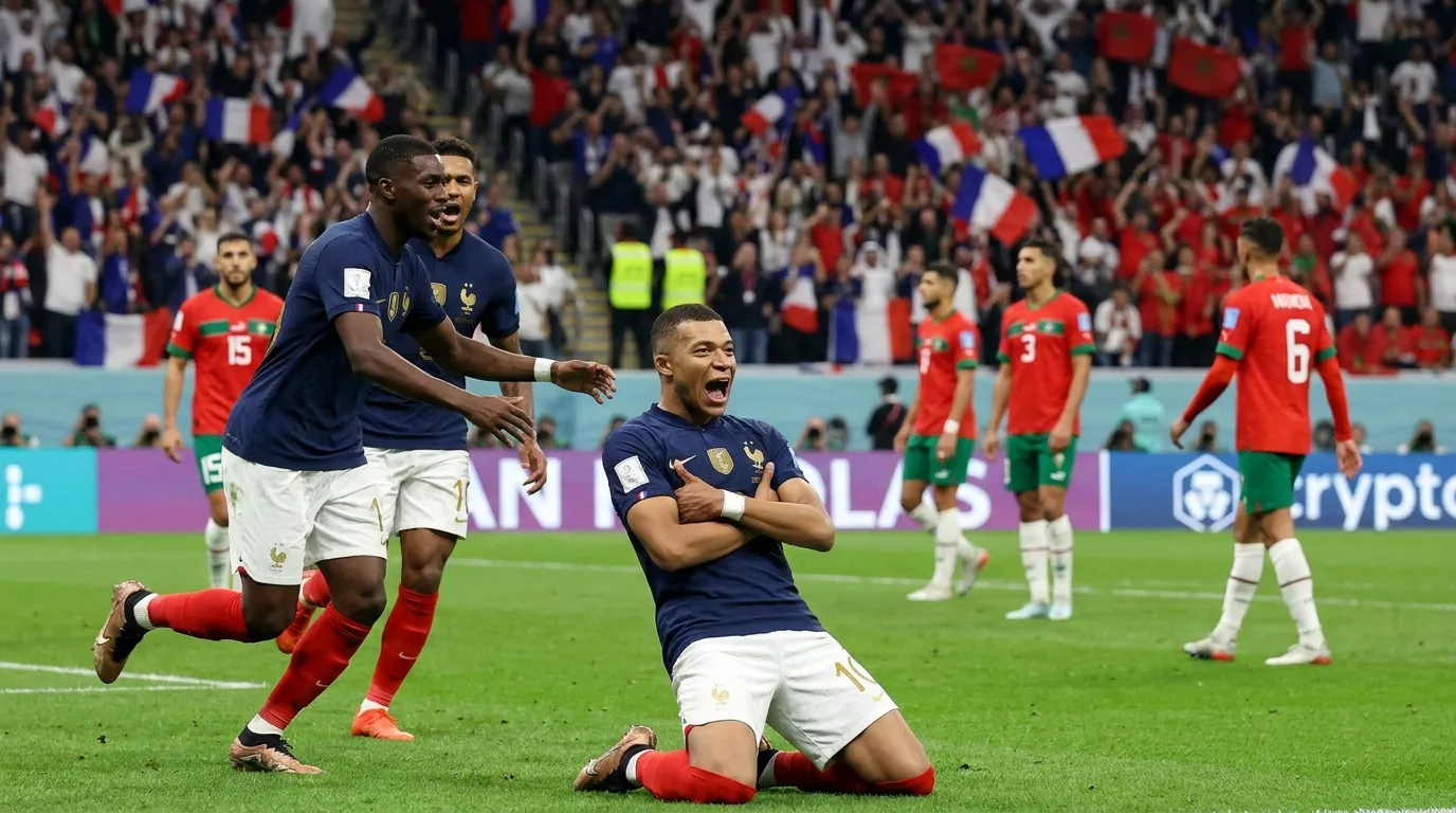 Kylian Mbappe celebrates during France’s World Cup win over Morocco.