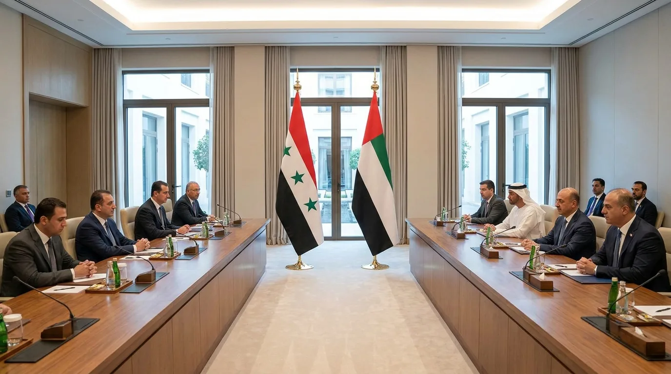 UAE and Syrian flags illustrating a diplomatic policy development.
