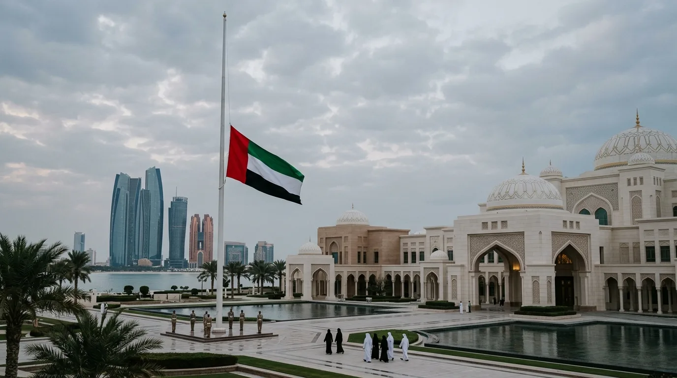 The national flag of the United Arab Emirates flies at half-staff against a clear blue sky during official mourning.
