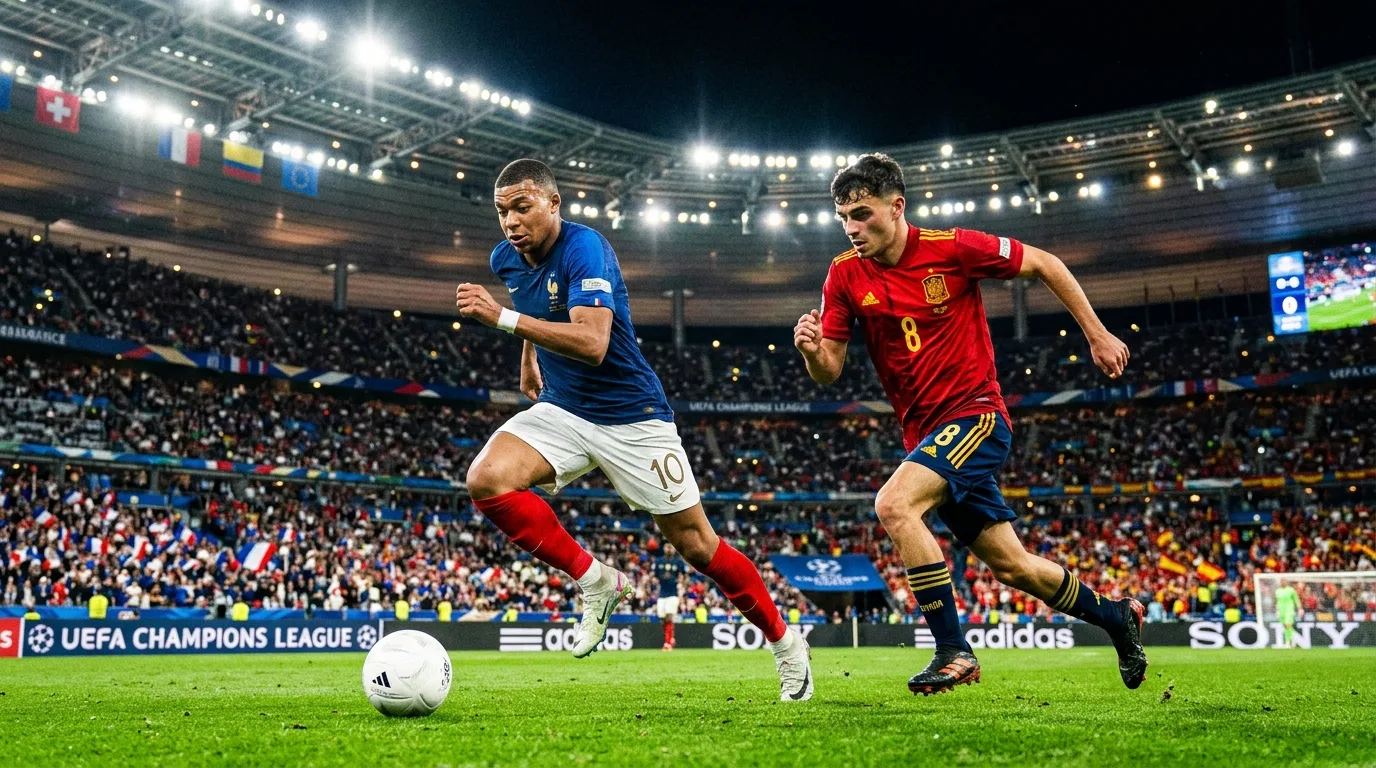 Two soccer players in France and Spain jerseys compete for the ball during a match at Dallas Stadium.