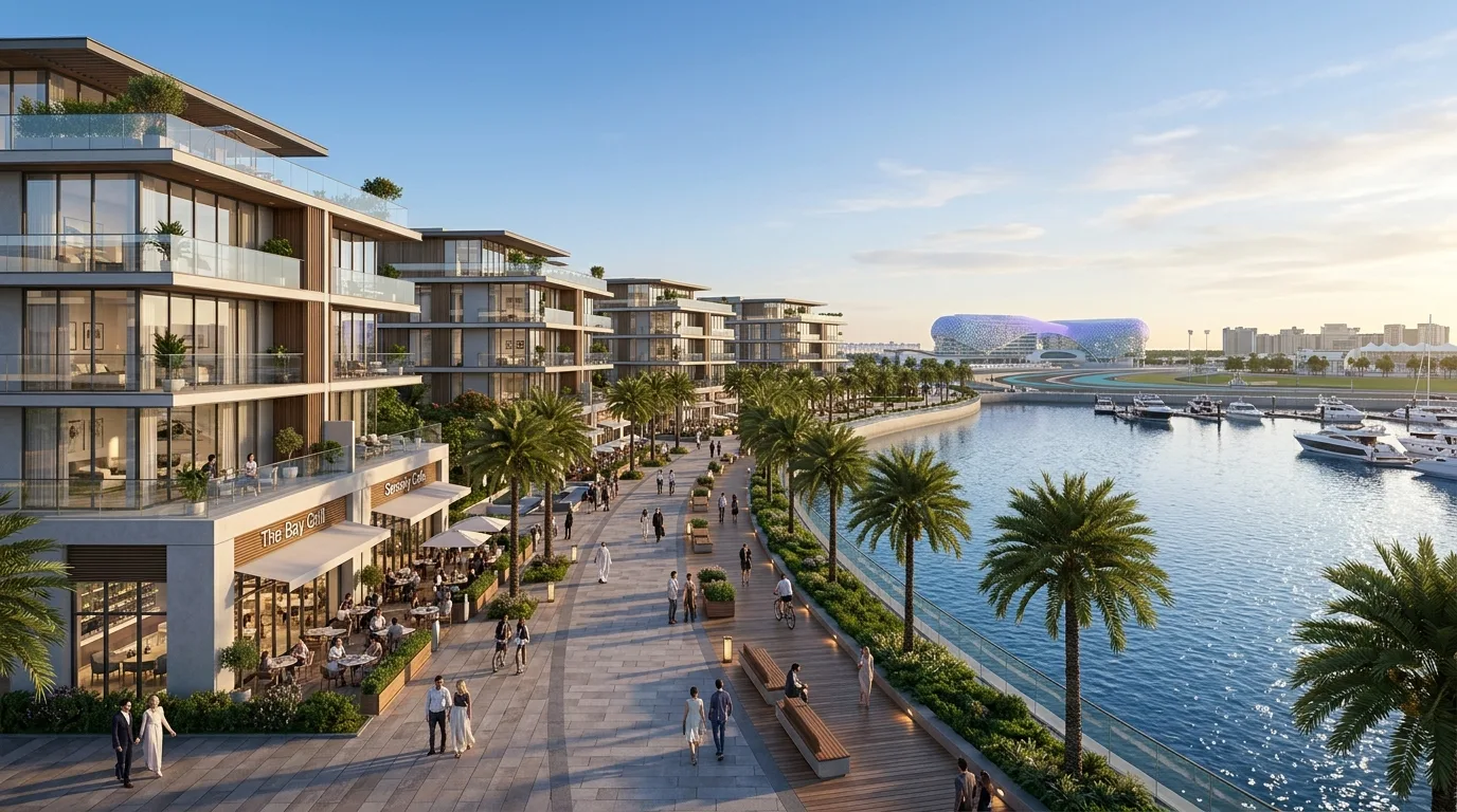 Modern skyscrapers and luxury residences rise along a vibrant blue waterfront under a clear sky on Yas Island.