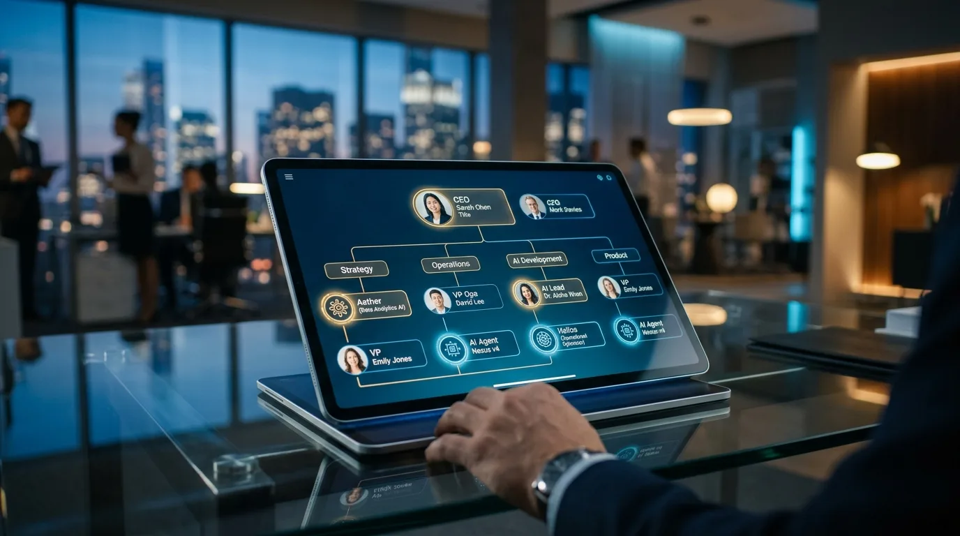 A digital organizational chart on a tablet screen features glowing AI icons integrated among human staff.