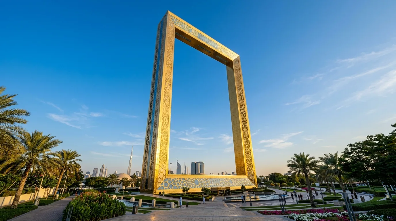 The golden rectangular Dubai Frame stands tall against a clear blue sky, framing the city skyline in the distance.