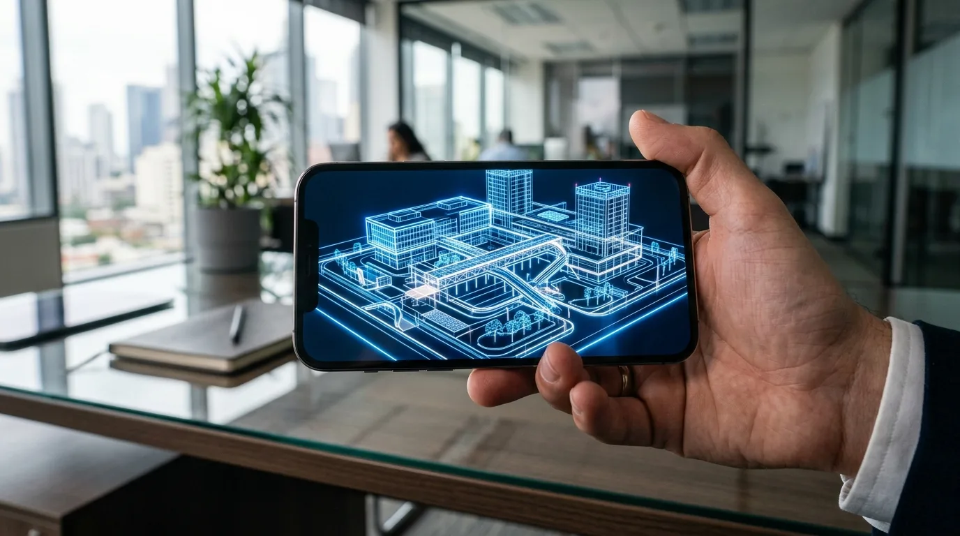 A smartphone screen displays a high-resolution 3D digital model of a room generated from a live video feed.