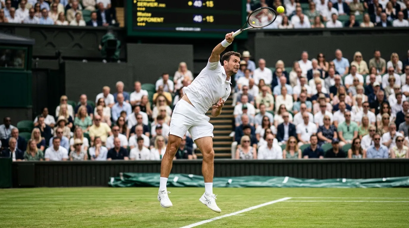 Jannik Sinner raises the gold Wimbledon trophy on Center Court while celebrating his second consecutive title victory.