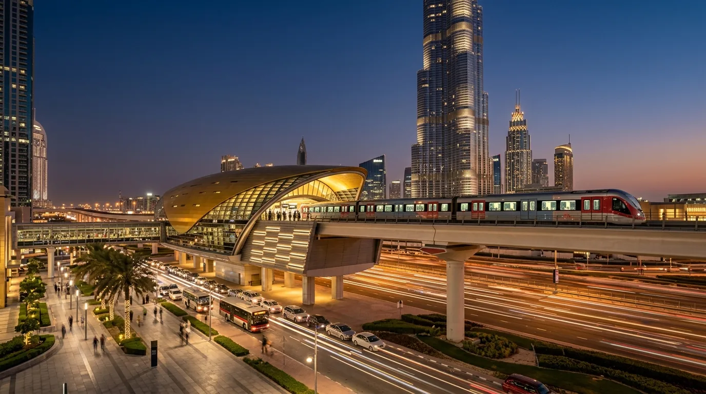 Commuters walk through the modern Burj Khalifa/Dubai Mall Metro Station near the illuminated Burj Khalifa skyscraper.