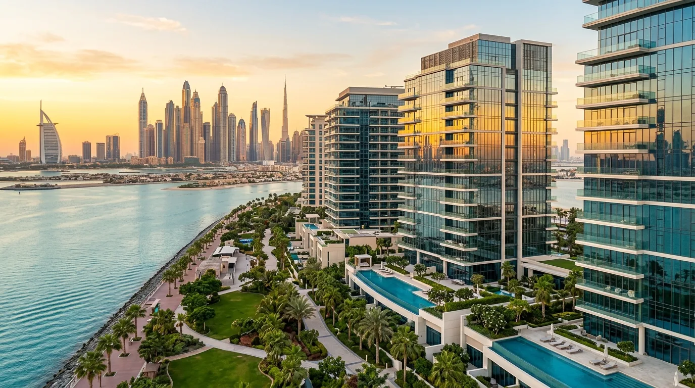 The sun shines over the modern Dubai skyline and its towering skyscrapers reflecting off the calm blue water.
