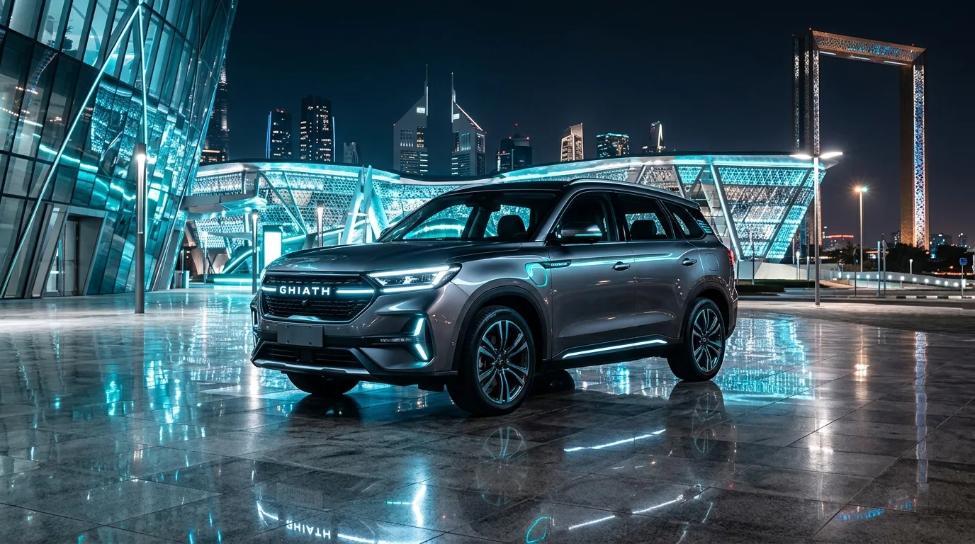 A white and green Dubai Police Ghiath smart patrol vehicle sits parked on a platform during a high-tech launch event.