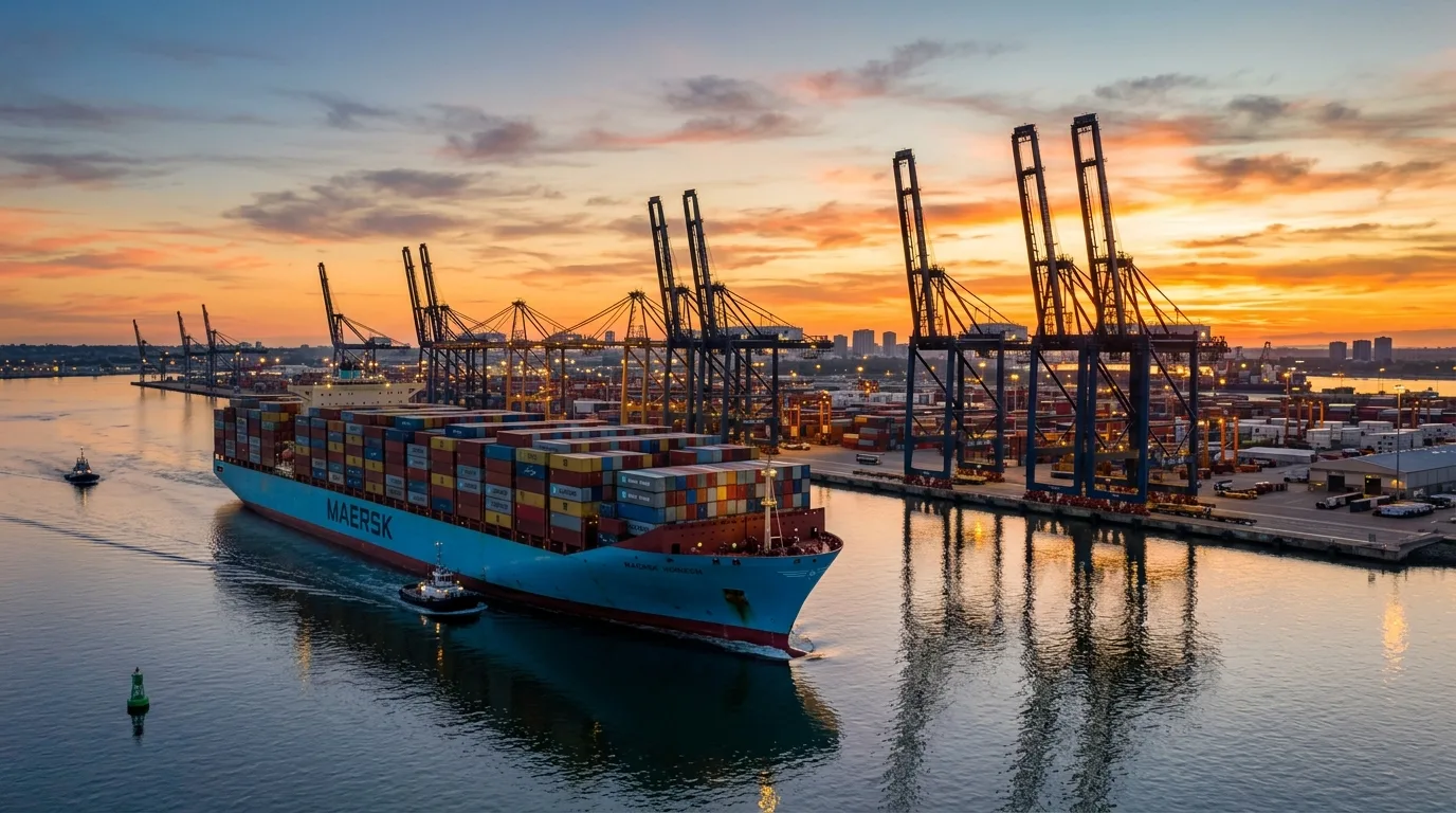 A large container ship navigating through an open shipping channel during a peaceful sunset.