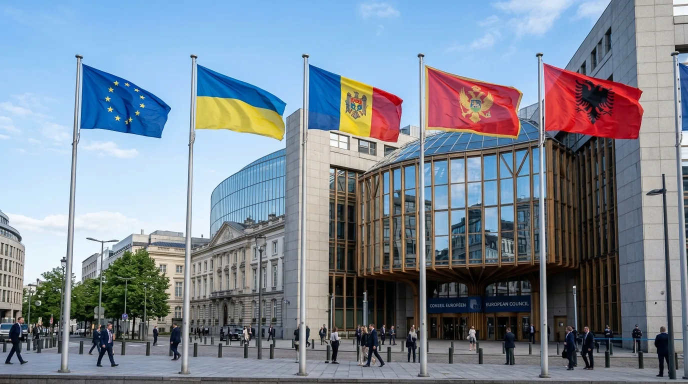 The European Union flags flying proudly alongside candidate country flags in front of the modern Europa Building in Brussels.
