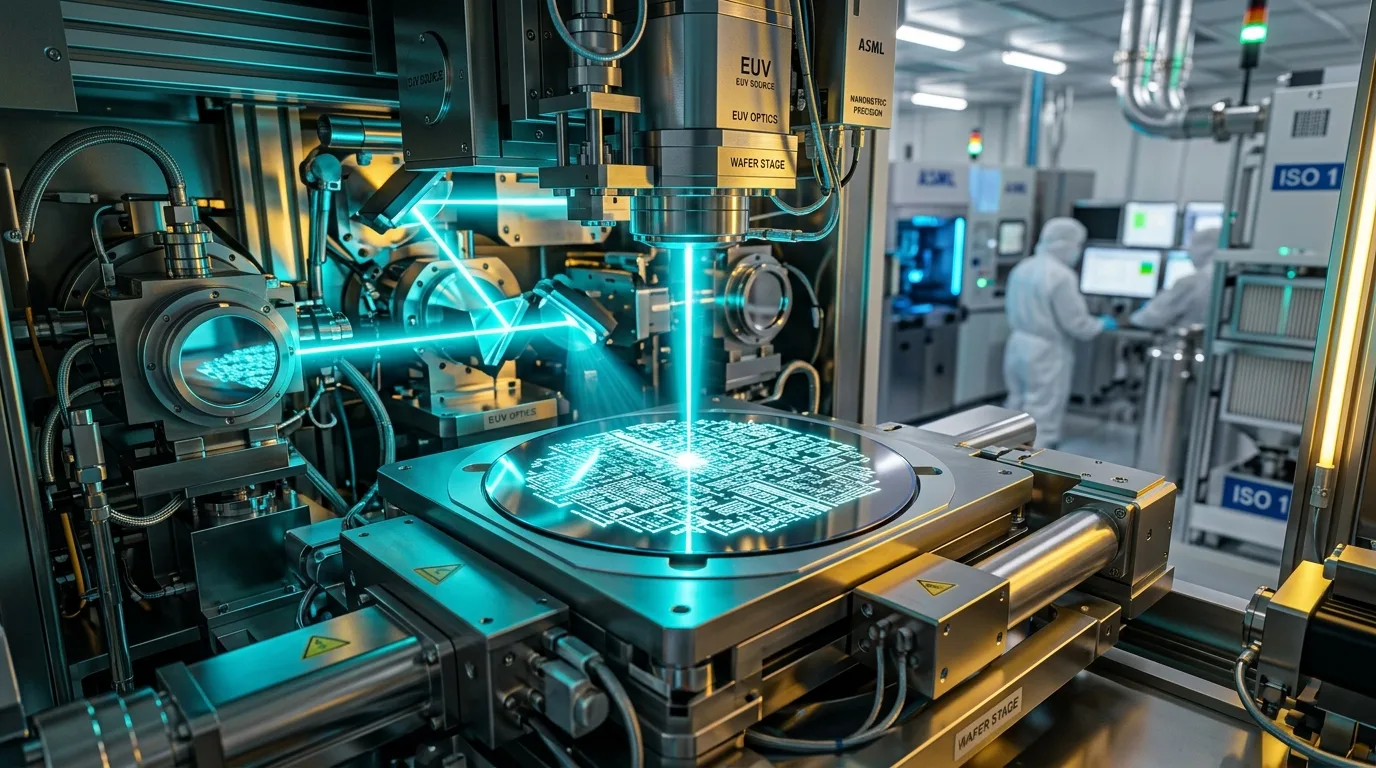 A sophisticated ASML Extreme Ultraviolet (EUV) lithography machine printing microcircuits in a cleanroom.