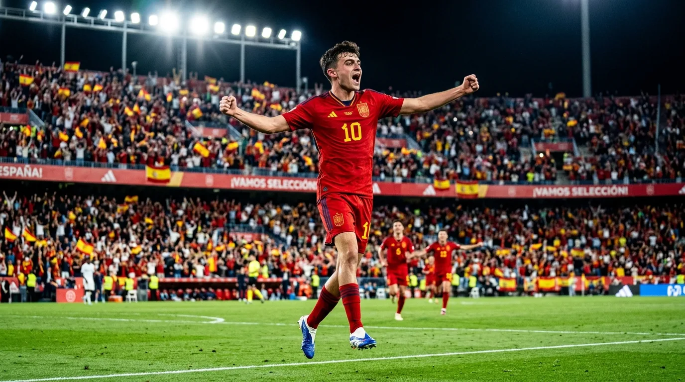 Spanish soccer players celebrate on the field at AT&T Stadium after defeating France to reach the World Cup final.